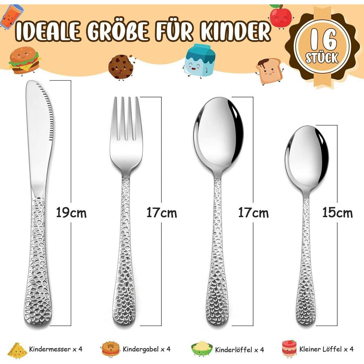 KINDERBESTECK Set 16-teilig Edelstahl Hammergriff ab 3 Jahre - Silberfarben, Metall