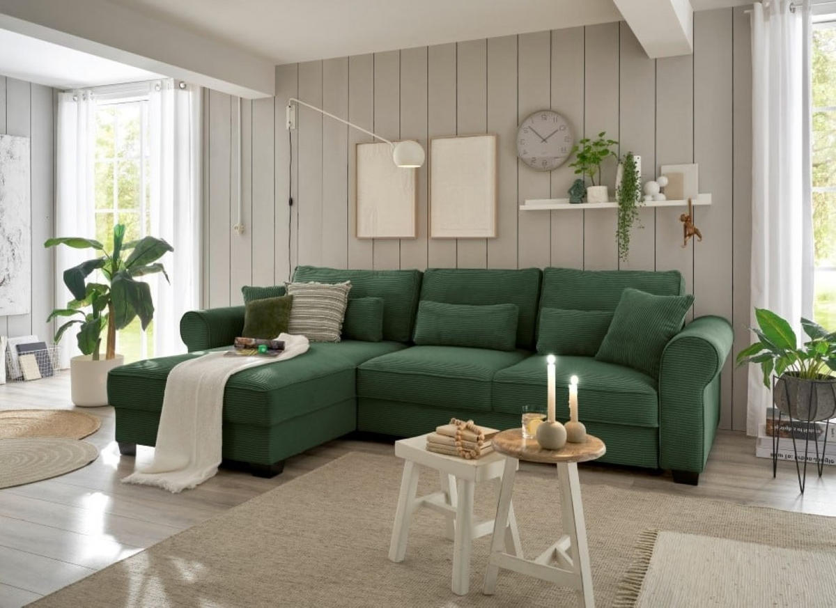 ECKSOFA beidseitig montierbar, Schlaffunktion mit Bettkasten und Nosagfederung in Breitcord - Dunkelgrün/Schwarz, Textil (318/197cm) - ed exciting design