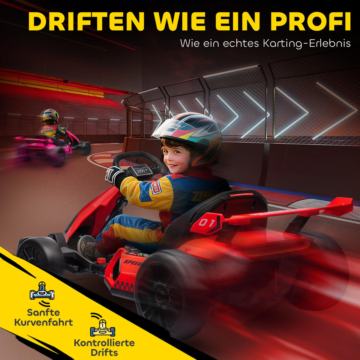 GO-KART DE-06216 Elektro-Kart mit Hupe und Musik Rot - Rot/Schwarz, Kunststoff/Metall (120/76/53.5cm) - ComfortXL