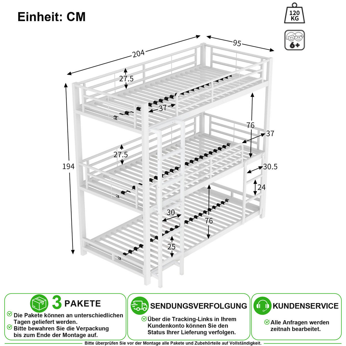ETAGENBETT 90/200 cm in Weiß mit Leiter und Absturzsicherung - Weiß, Metall (90/200cm) - CHICFURN