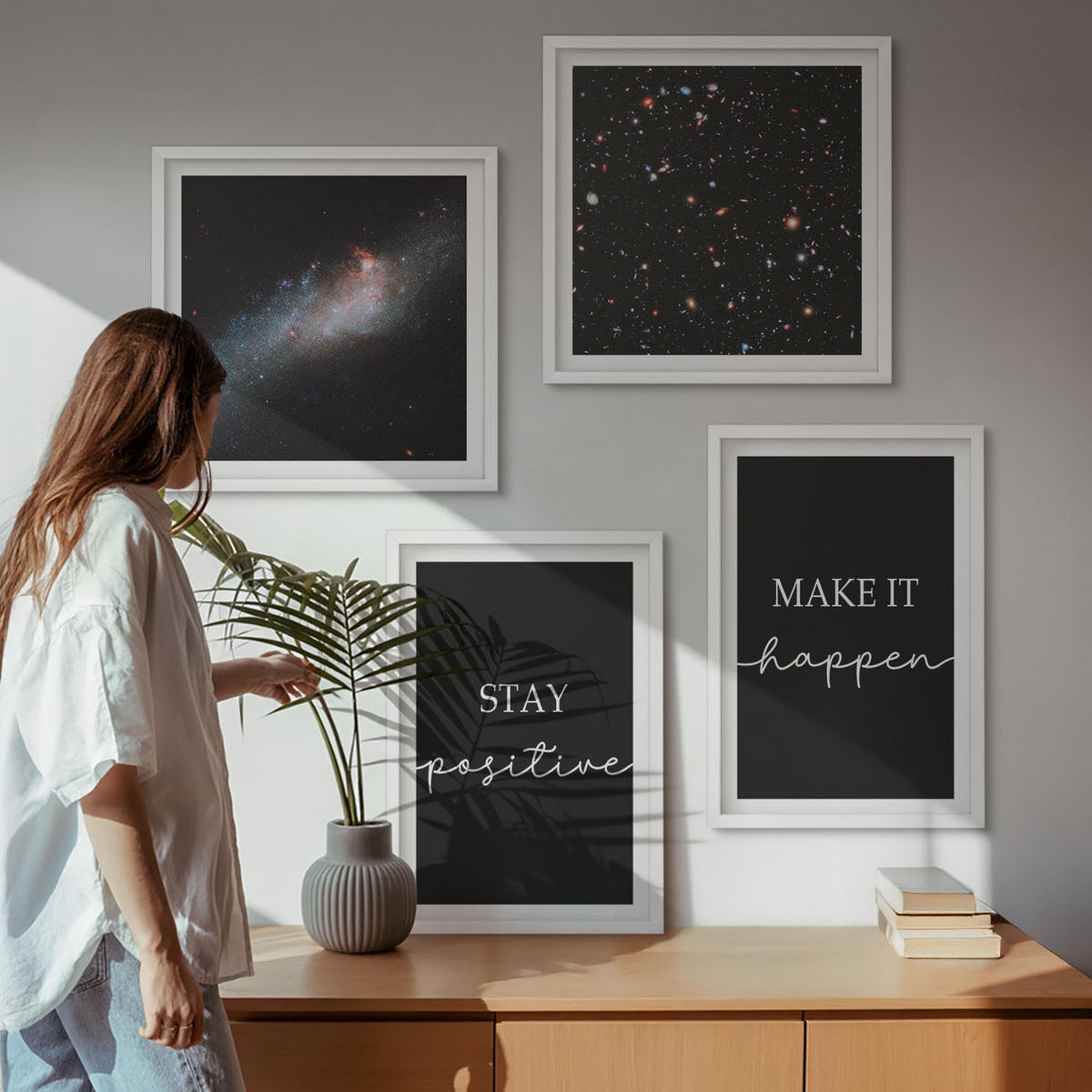 BILDER SET 4er Set - 50x50 cm & 40x60 cm Weißer Rahmen - Motivationsslogans Sterne Weltraum - Weiß, Kunststoff (50/50cm) - TULUP