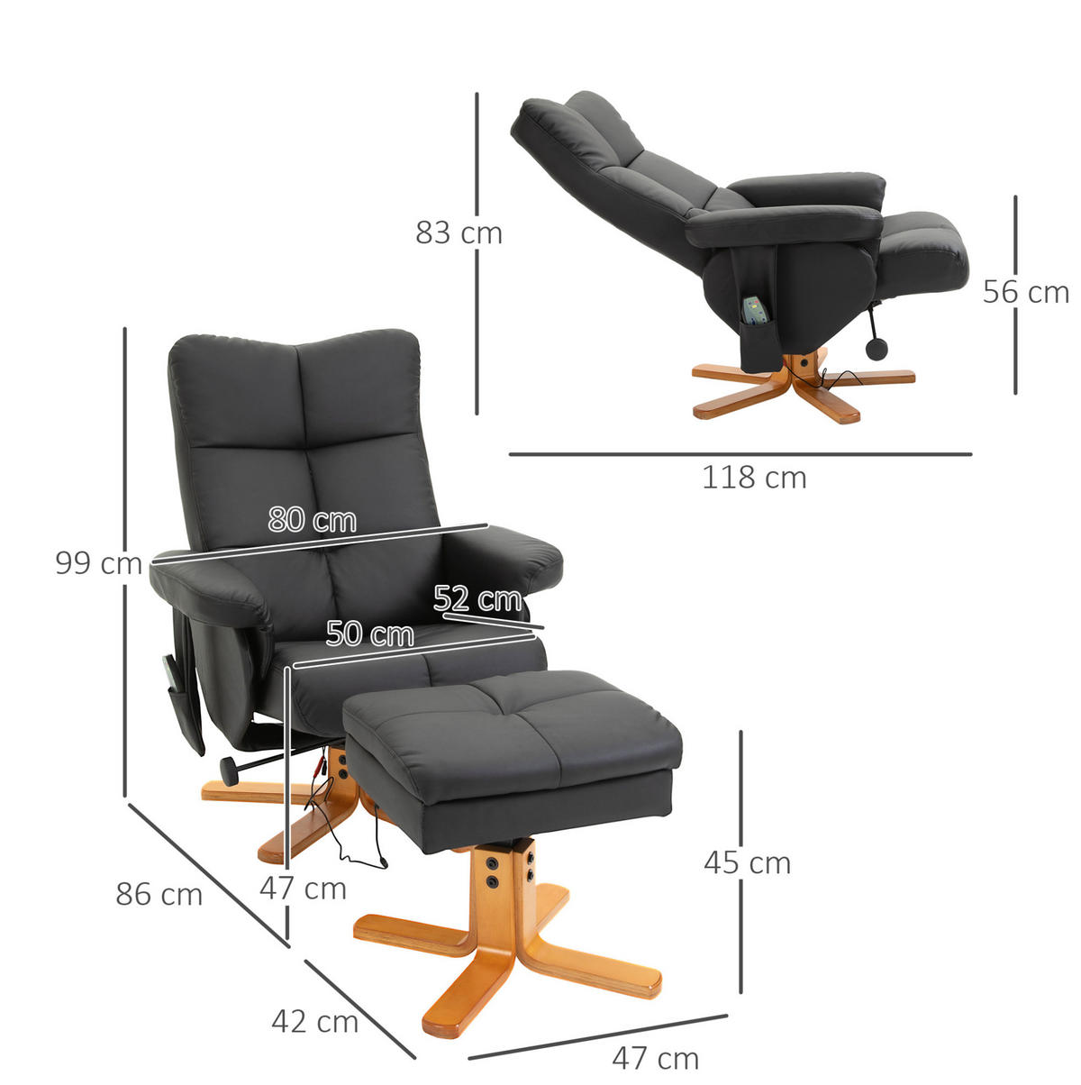 RELAXSESSEL mit Massagefunktion, Fußhocker 80/86/99 cm Schwarz - Schwarz, Holz (86/99/80cm) - Redom