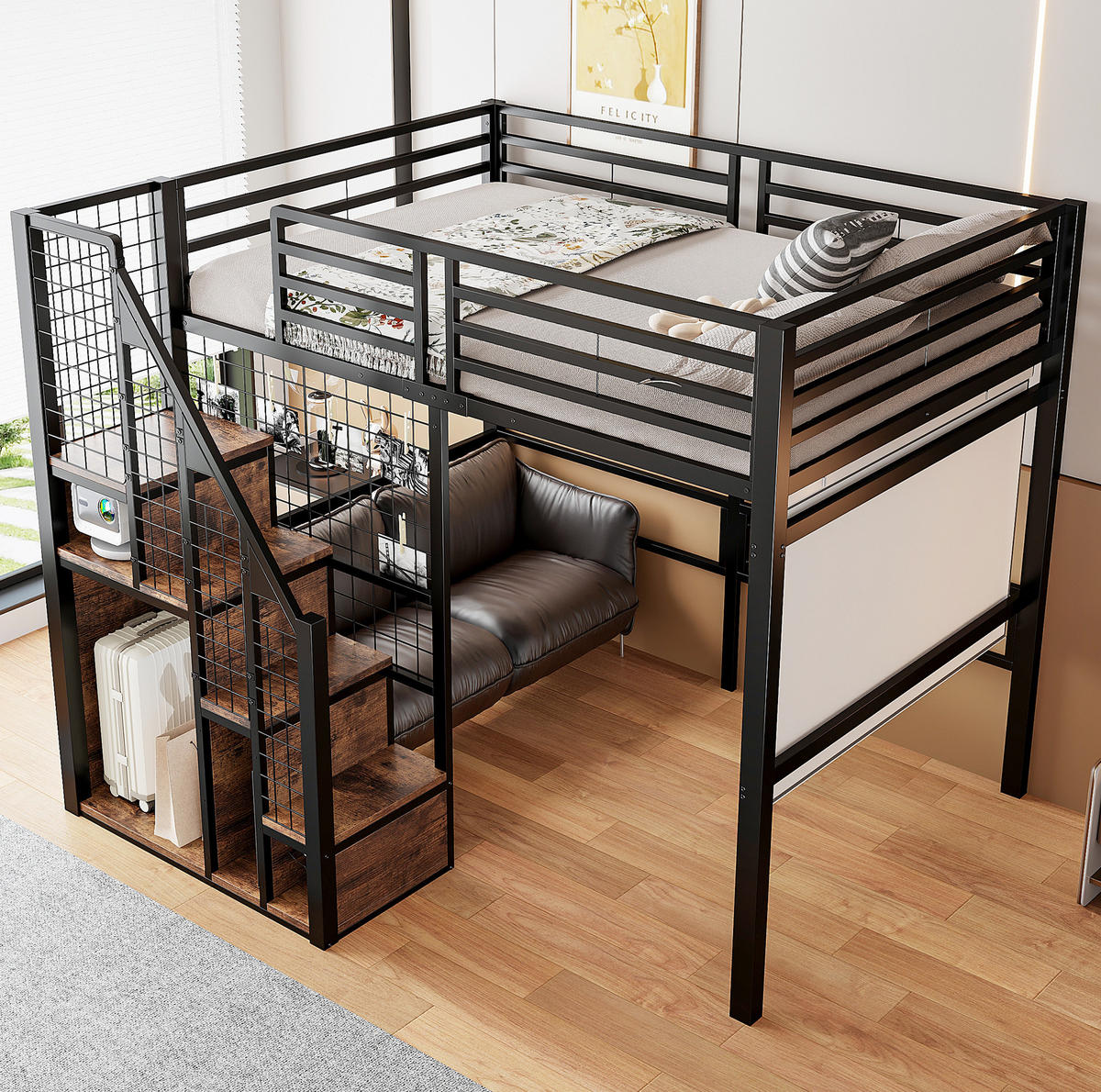 HOCHBETT aus Metall 140x200 cm in Schwarz mit Treppe & Stauraum - Schwarz, Metall (140/200cm) - Modfu