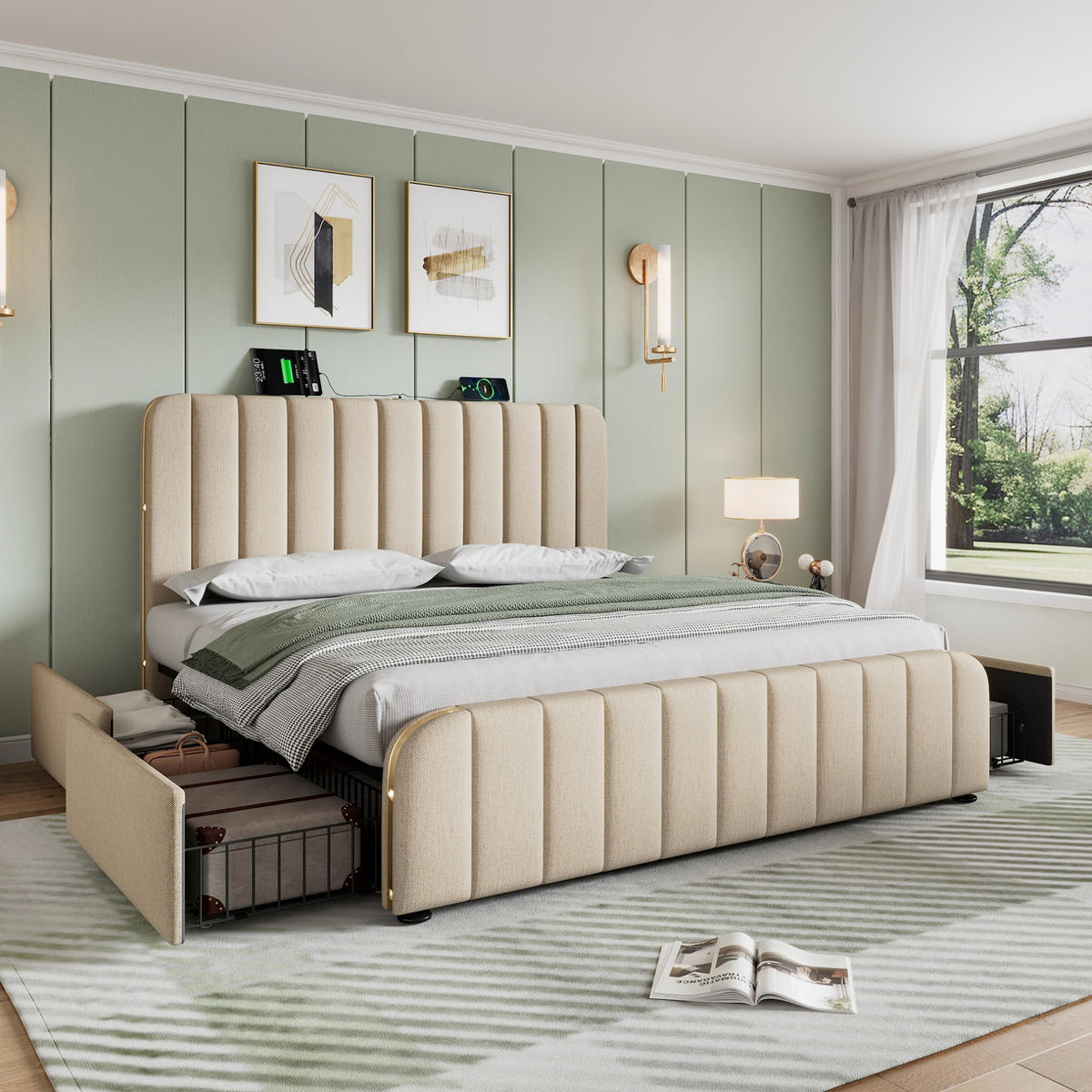 BETT mit 4 Schubladen und USB 140x200 cm Leinen Beige - Beige, Metall (140/200cm) - Meubliv