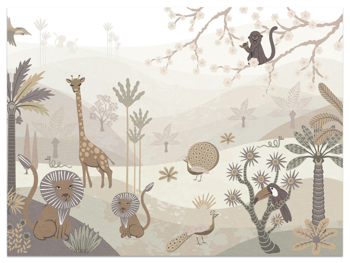 FOTOTAPETE für Kinderzimmer Safari Wilde Tiere Dschungel Boho Palmen Giraffe 500x350 - Beige/Creme, Papier (500/350cm) - Muralo