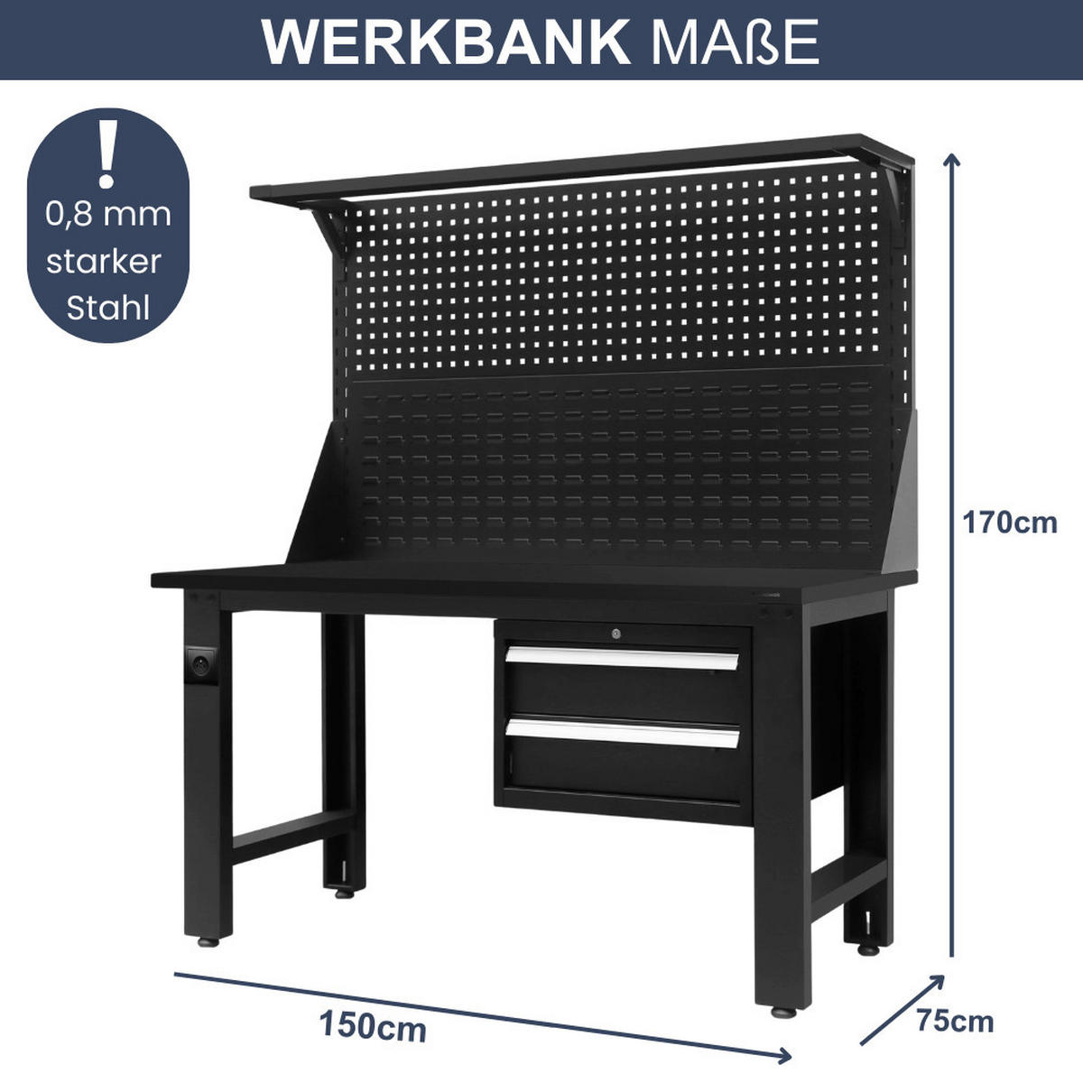 WERKBANK Werkstatt ROBI 170x150x75cm Schwarz Platte Schwarz - Schwarz, Metall (150/170/75cm) - DELUKE