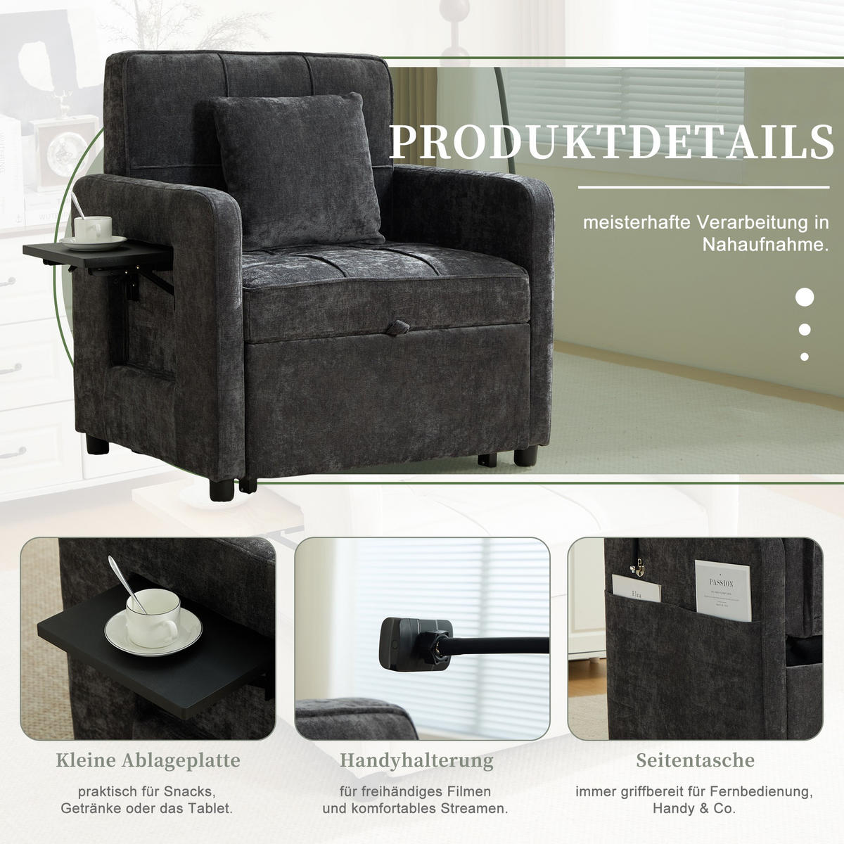 FERNSEHSESSEL Relaxsessel,Polsterliege mit Stauraum,Chenille,Grau - Grau, Textil (79/83/167cm) - LVHOM