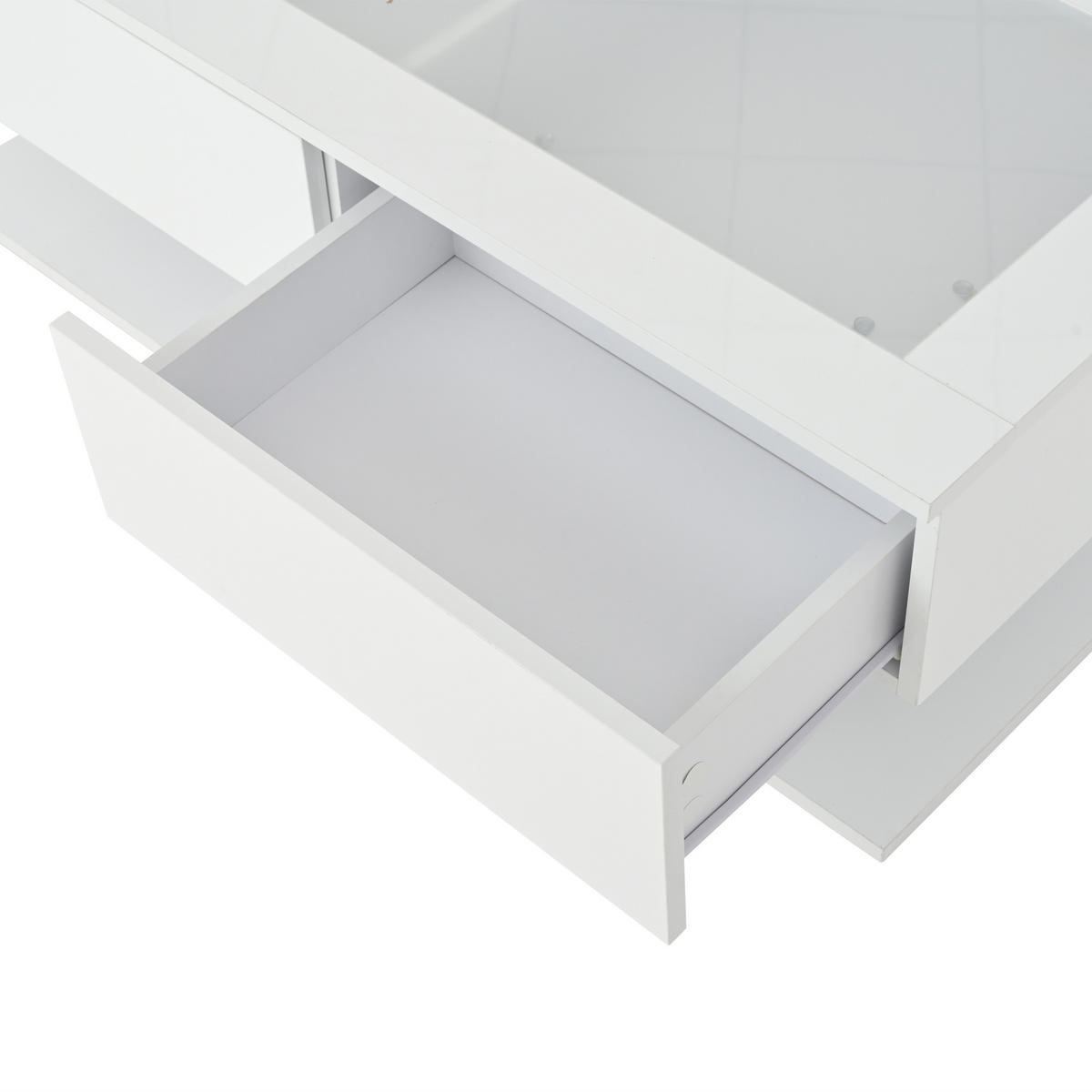 COUCHTISCH Weiß 100/50/35 cm mit Glasplatte, LED und Schubladen - Weiß, Holzwerkstoff (50/100/35cm) - PANGIVO