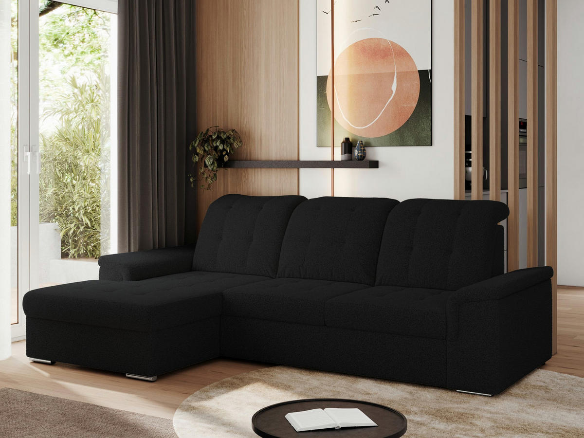 ECKSOFA MADRITO L - Schwarz Boucle - Links - Silberfarben/Schwarz, Textil/Metall (160/256cm)
