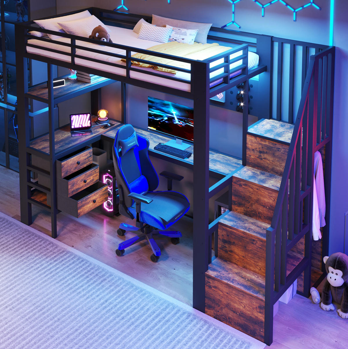 HOCHBETT 90/200 cm Schwarz mit Schubladen, Ablagefläche, Tisch, LED-Licht - Schwarz, Metall (90/200cm) - MIVRAY