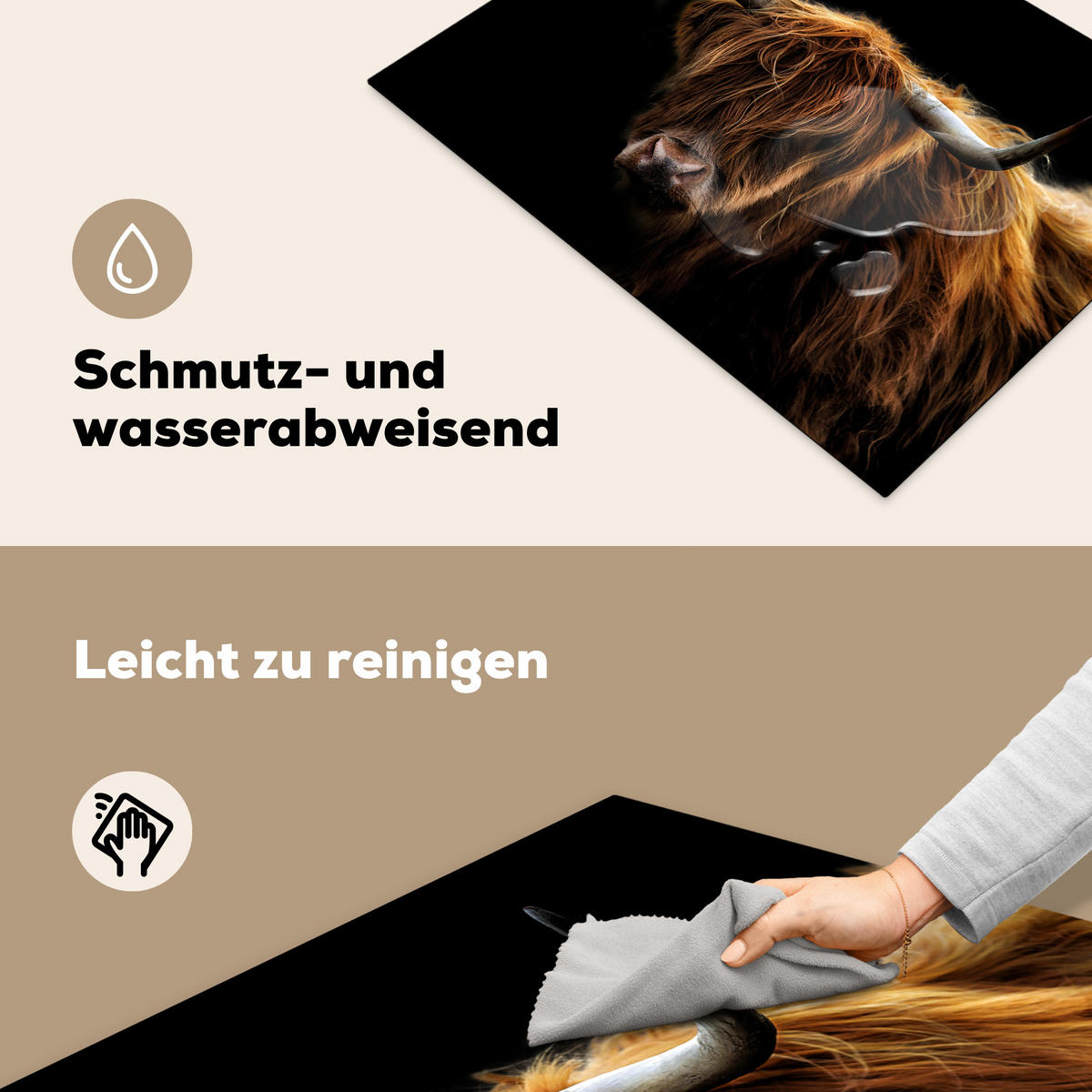 HERDABDECKPLATTE Schottischer Highlander - Hörner - Schwarz - Tiere - Natur - Wild - Kuh Herdabdeckung Induktionsfeld 70x52 cm - Cognac, Kunststoff (70/52/0.2cm) - MuchoWow