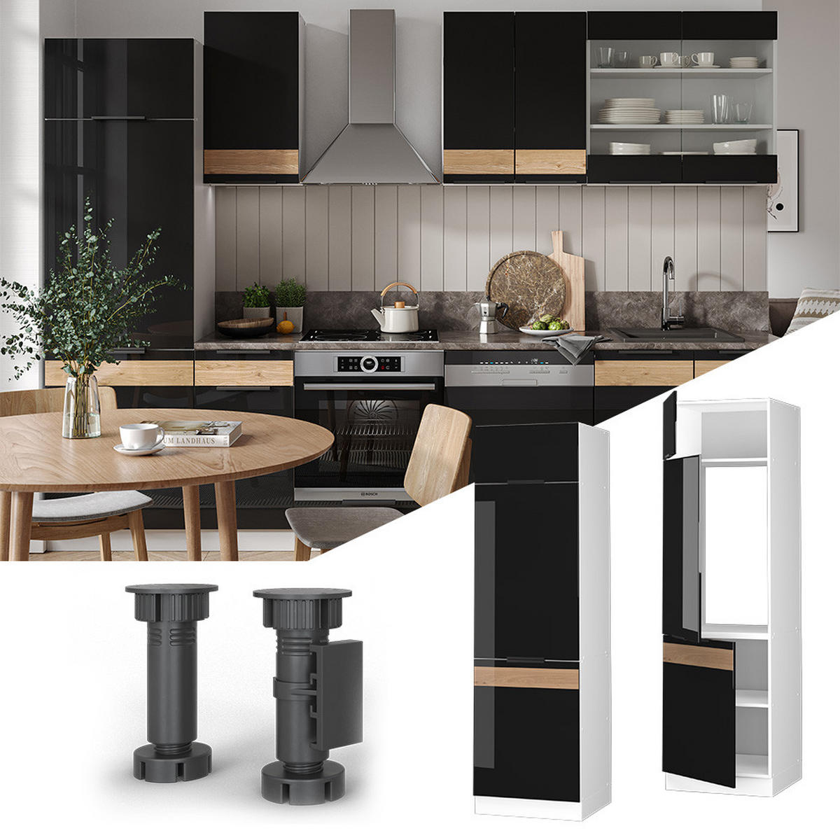 KÜCHENSCHRANK Fame-Line Schwarz Eiche hochglanz 60 cm - Schwarz Hochglanz/Schwarz, Holzwerkstoff (60/206.8/58.1cm) - Vicco