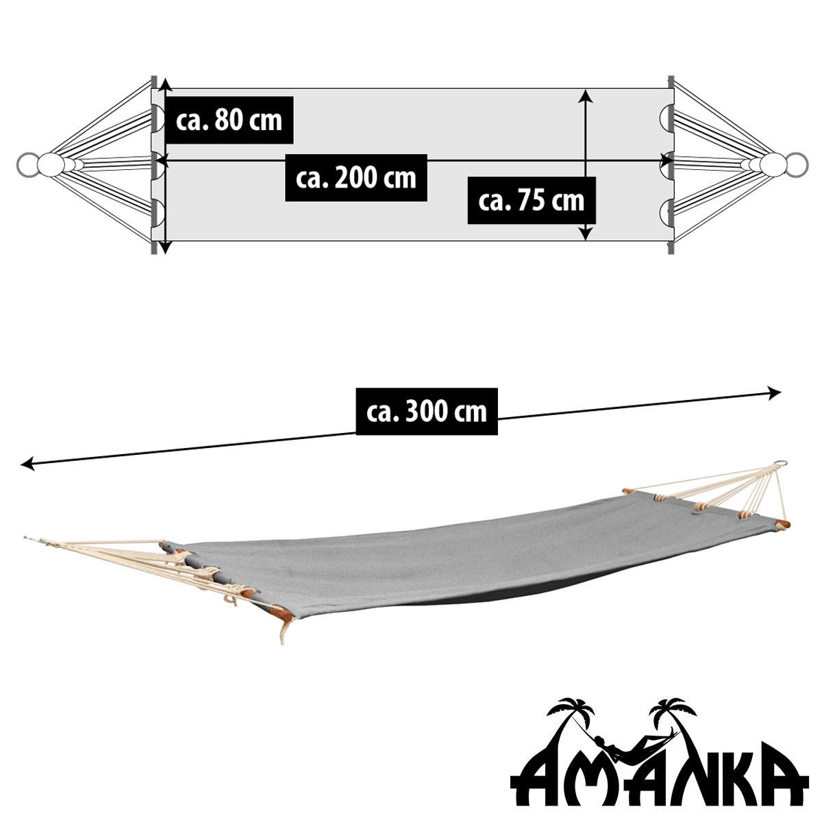 HÄNGEMATTE für 1 Person bis 100kg, 190/80 cm, grau - Grau, Textil (80/2.5/300cm) - Amanka