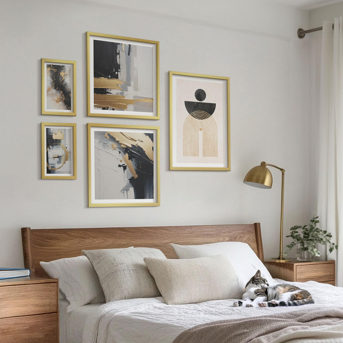 BILDER SET 5er Set - 50x50 cm & 20x30 cm & 40x60 cm Goldrahmen - Abstrakte Geometrie-Komposition - Goldfarben, Kunststoff (40/60cm) - TULUP