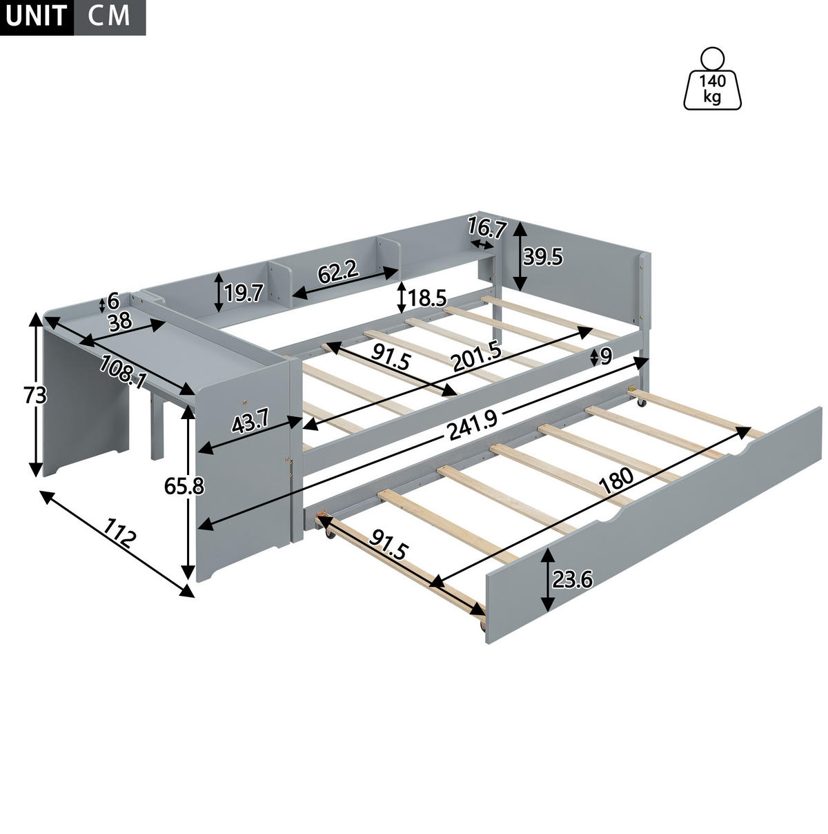 KINDERBETT 90/200 cm aus Kiefer und MDF mit Ausziehbett, Schreibtisch und 3 Regalfächern Grau - Grau, Holz (90/200cm) - Modenvie