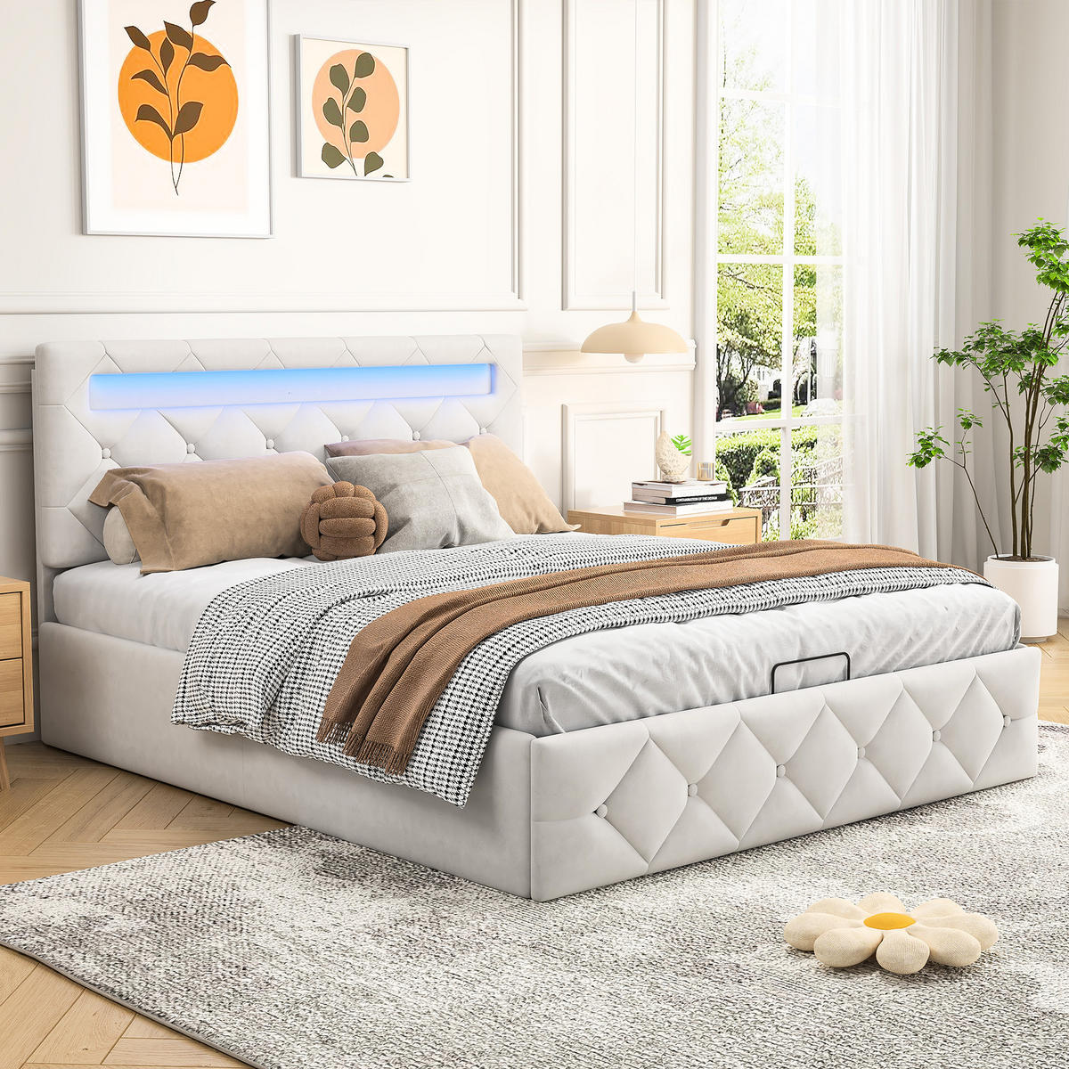 POLSTERBETT 160x200 cm mit Bettkasten, Doppelbett 160x200 cm mit LED, Stauraumbett mit Hydraulik, Cremeweiße Samt - Creme, Holzwerkstoff/Textil (160/200cm) - GENKI LIVING