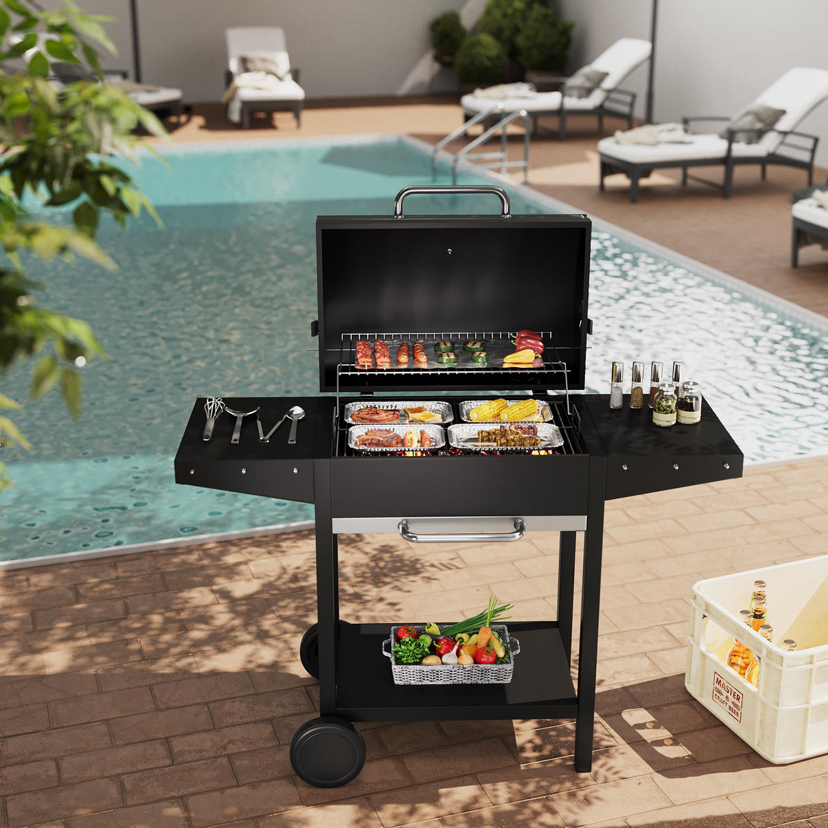 HOLZKOHLEGRILL aus Karbonstahl in Schwarz Tragbarer für den Außenbereich mit Seitenablagen 119 cm B × 50 cm T × 101 cm H - Schwarz, Metall (119/50cm) - Livingandhome