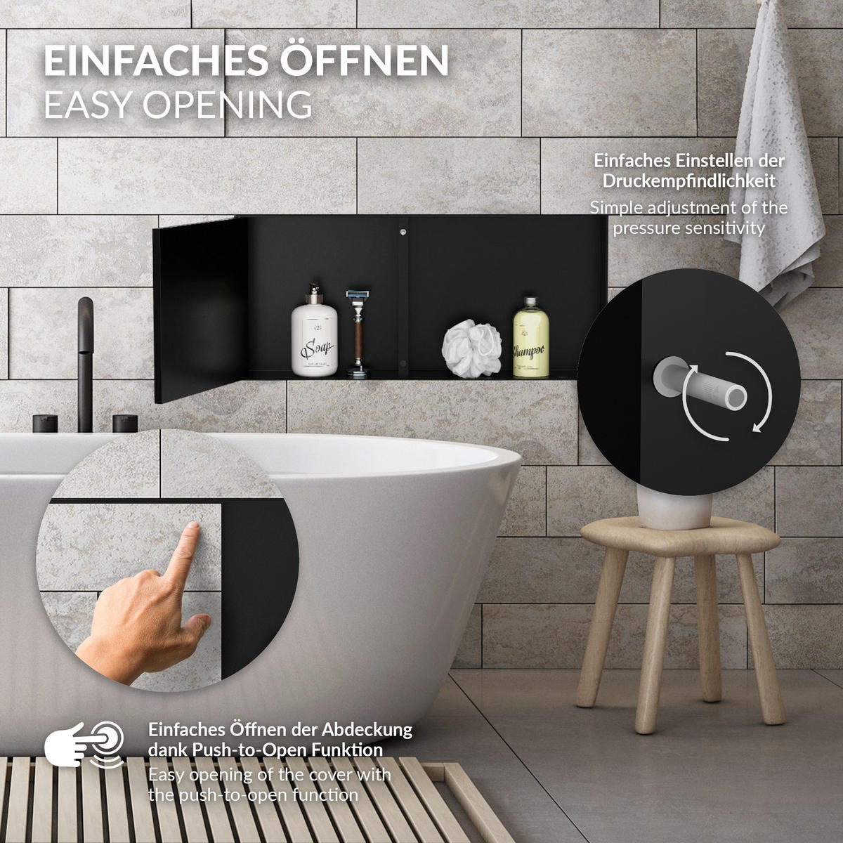 SPRCHOVÁ NIKA z nerezové oceli s obkladovými dvířky, černá, 25,5/55,5 cm - černá, kov (60/10/30cm) - LuxeBath