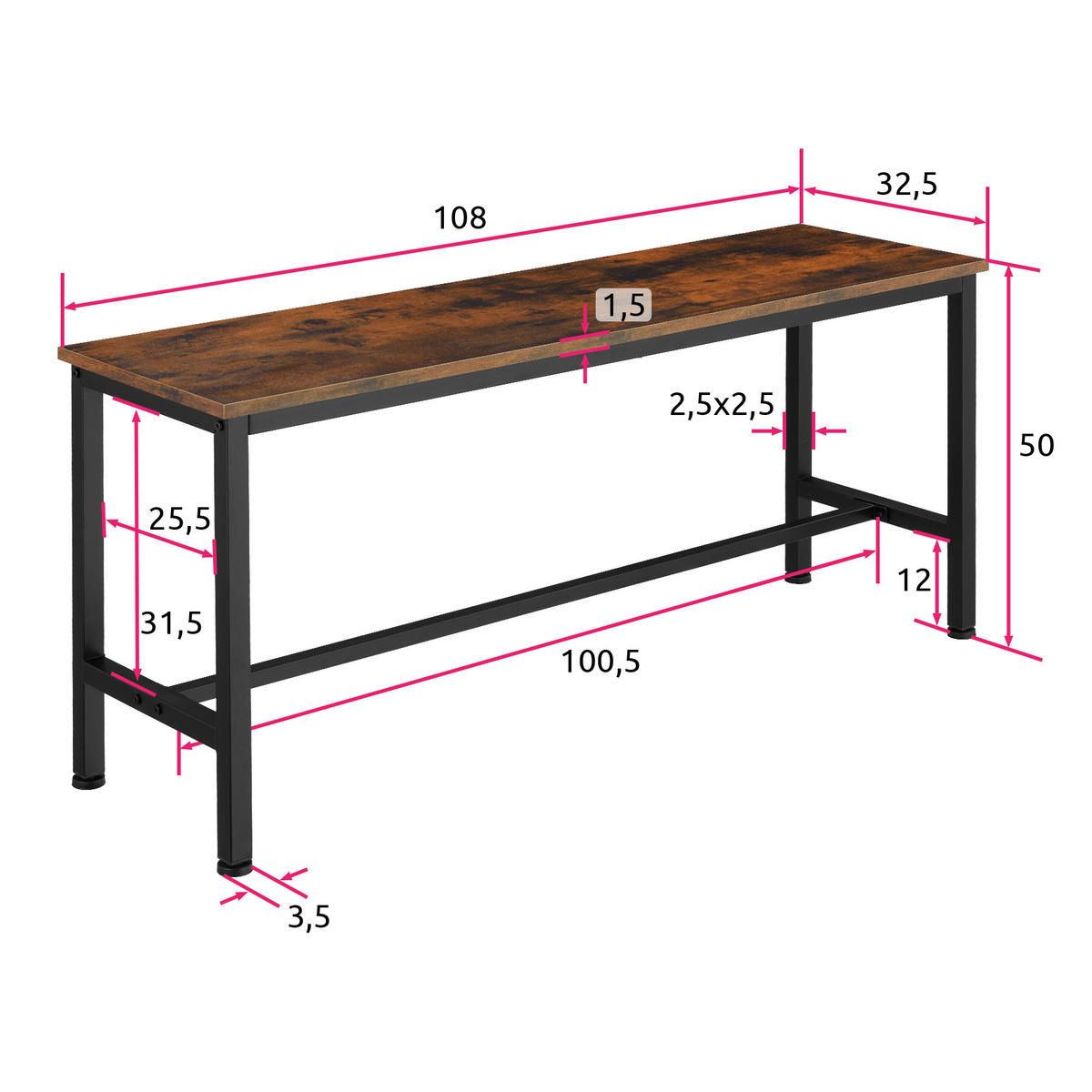 SITZBANK 2er Set Fairfield,108 x 32,5 x 50 cm,Industrial Holz dunkel, rustikal - Rostfarben, Holzwerkstoff (32.5/50/108cm) - tectake