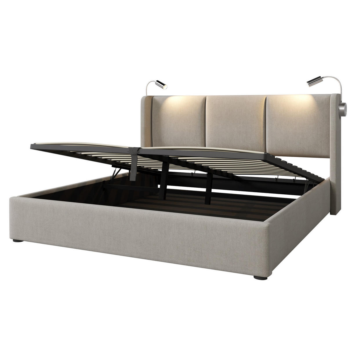 POLSTERBETT mit Bettkasten 160/200 cm mit Leselicht & USB, Beige - Beige, Textil (160/200cm) - BEAOK