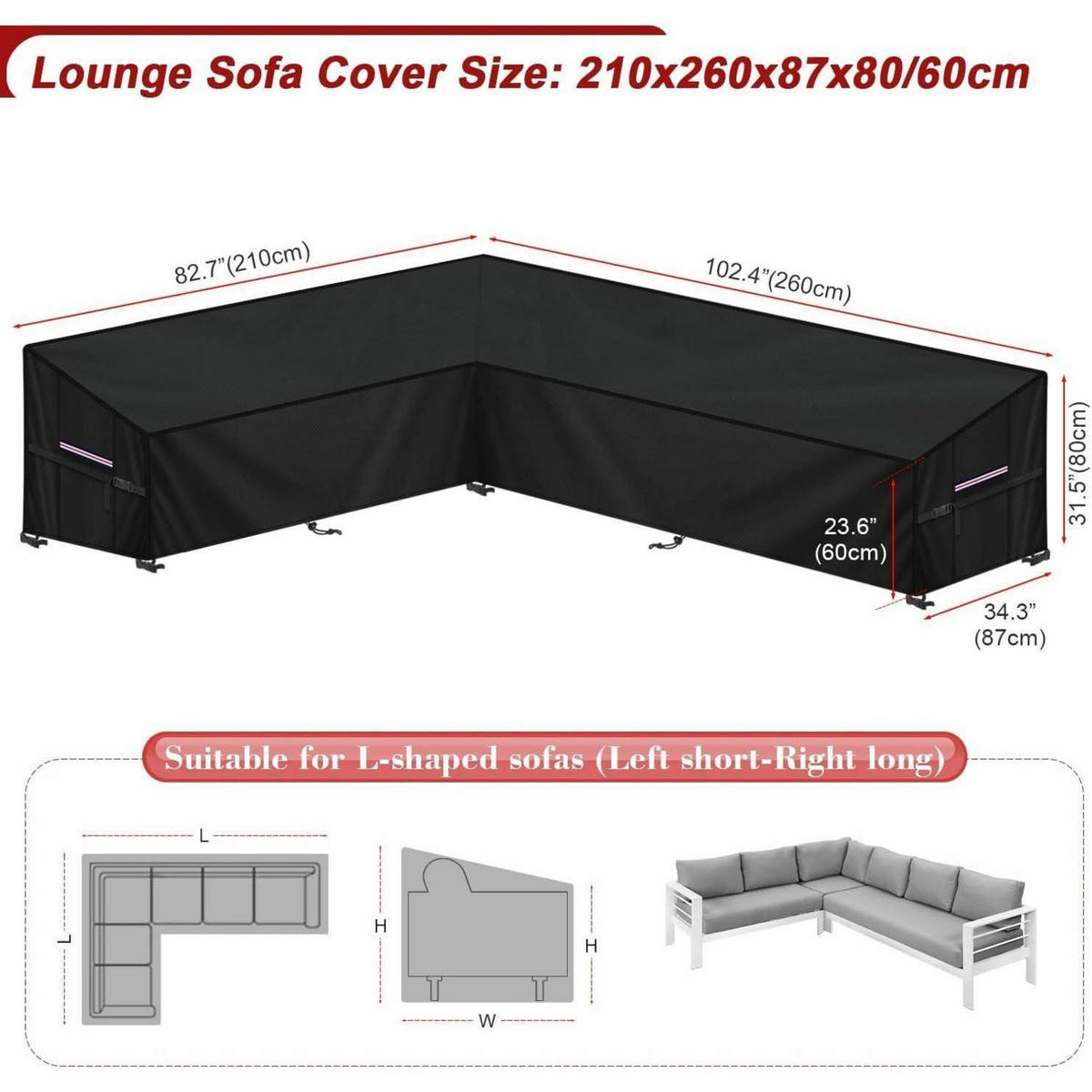GARTENSOFA Abdeckung L-Form 210x260x87x80/60cm Wasserdicht - Schwarz, Kunststoff (1/1/1cm)
