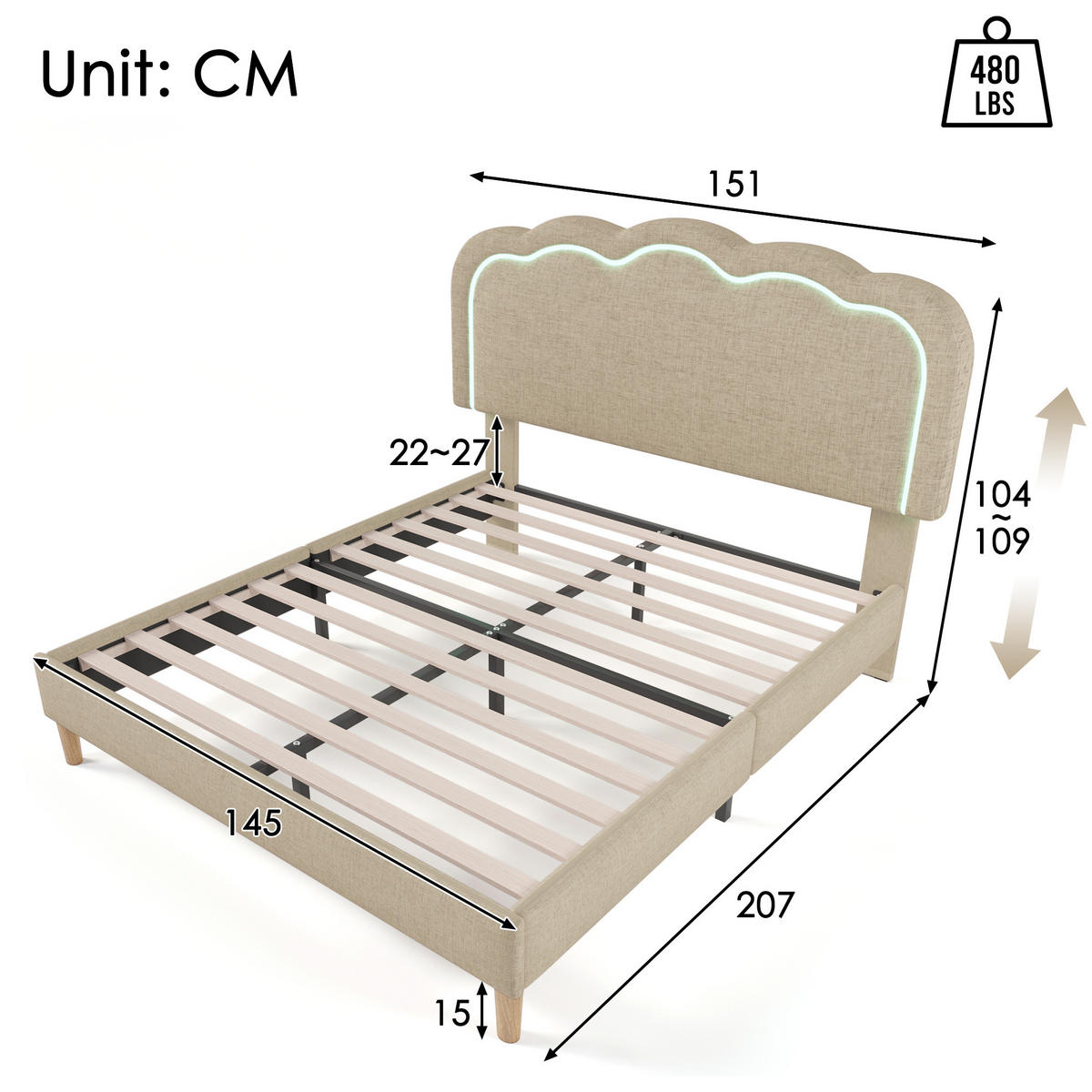 POLSTERBETT mit LED-Beleuchtung 140/200 cm, verstellbares Kopfteil, Beige - Beige, Textil (140/200cm) - BEAOK