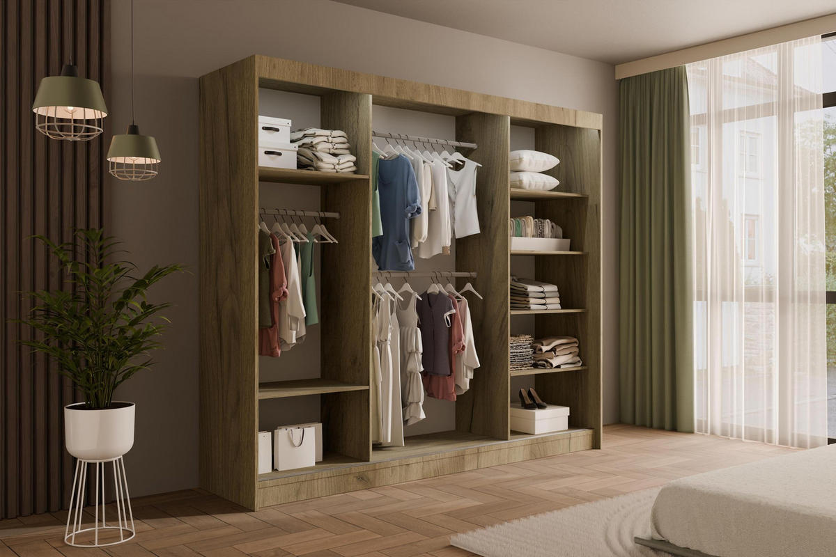 KLEIDERSCHRANK VESLI mit LED - 250 cm - Braun|Schwarz - Schwarz/Braun, Holzwerkstoff (250/215/61cm) - ALTDECOR
