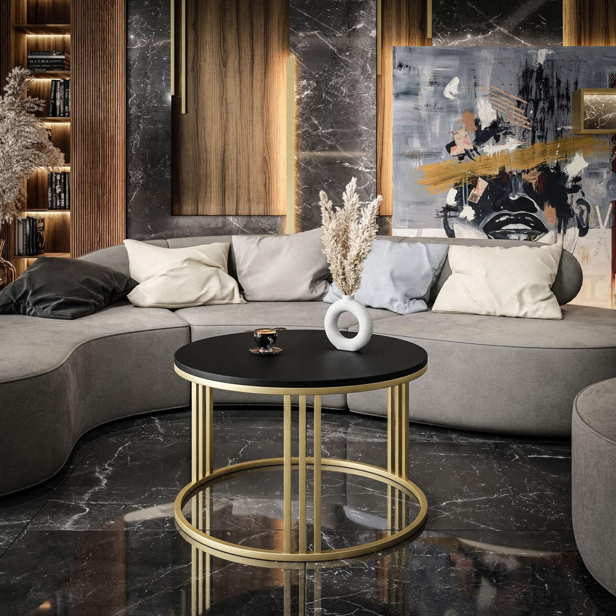 COUCHTISCH LORI mit goldfarbenem Fuß schwarz matt - Goldfarben, Holzwerkstoff (70/70/48cm) - Lookway