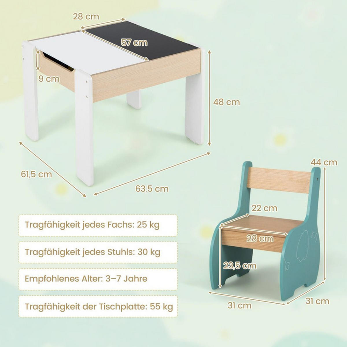KINDERTISCH mit Stuhl bunt(3-tlg) - Multicolor, Holzwerkstoff (63.5/48/61.5cm) - COSTWAY