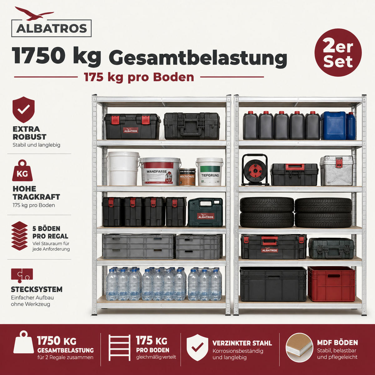 SCHWERLASTREGAL SR2S - Silberfarben, Metall (90/180/40cm) - Albatros