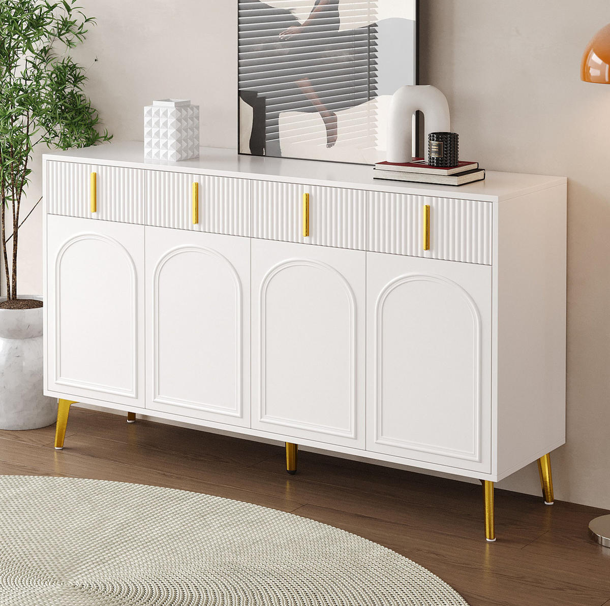 SIDEBOARD aus weißem MDF mit Melamin, 4 Türen und 4 Schubladen, goldene Griffe und Beine, 140/38/82 cm, Weiß - Weiß, Holzwerkstoff (140/82/38cm) - Redom