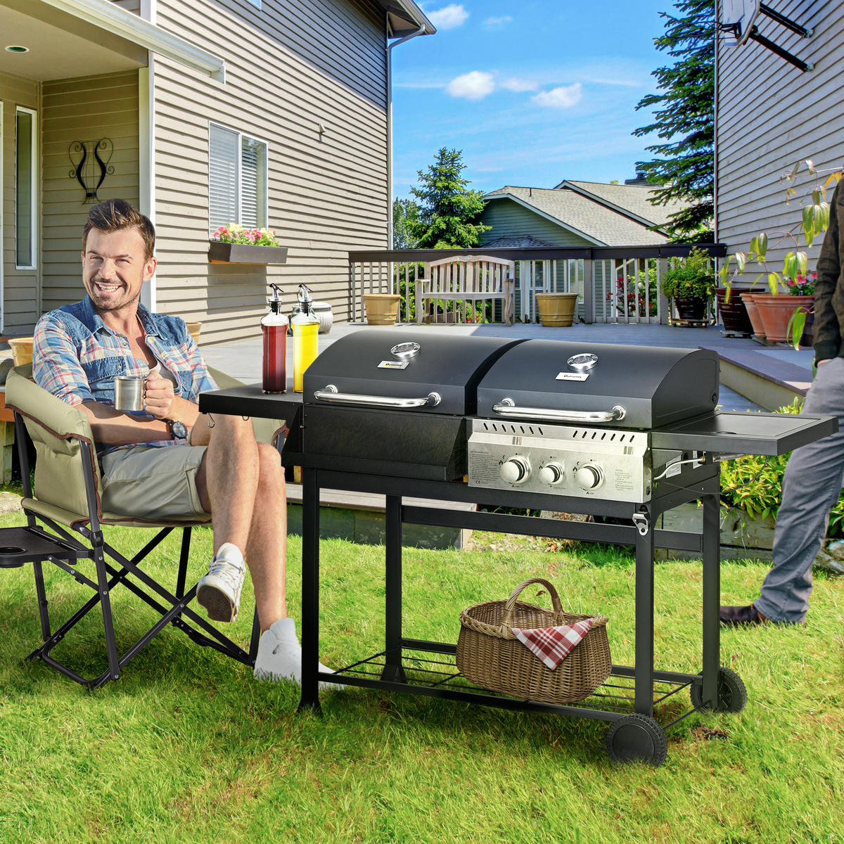 GASGRILL mit 2+1 Brenner, Thermometer, 3kW BBQ Holzkohlgrill mit Regal - Schwarz, Metall (54/103/161cm) - Outsunny