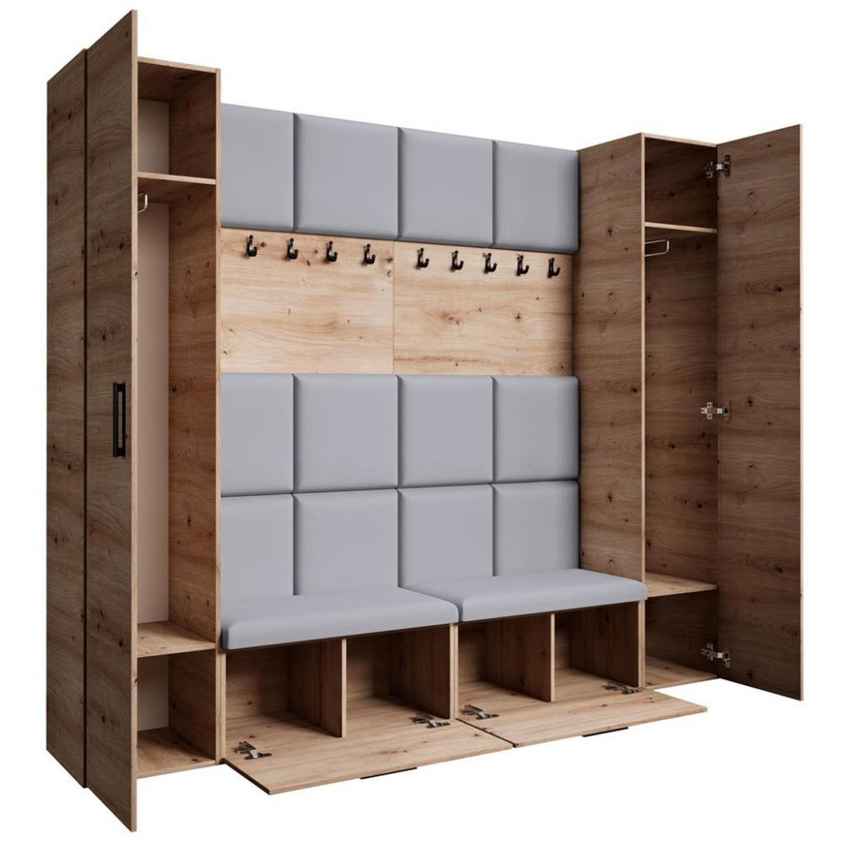 GARDEROBE Margaret XL 242/203/43 mit gepolsterten Paneelen und Schuhschrank - Schwarz/Eiche Artisan, Holzwerkstoff/Kunststoff (242/203/43cm) - Beautysofa