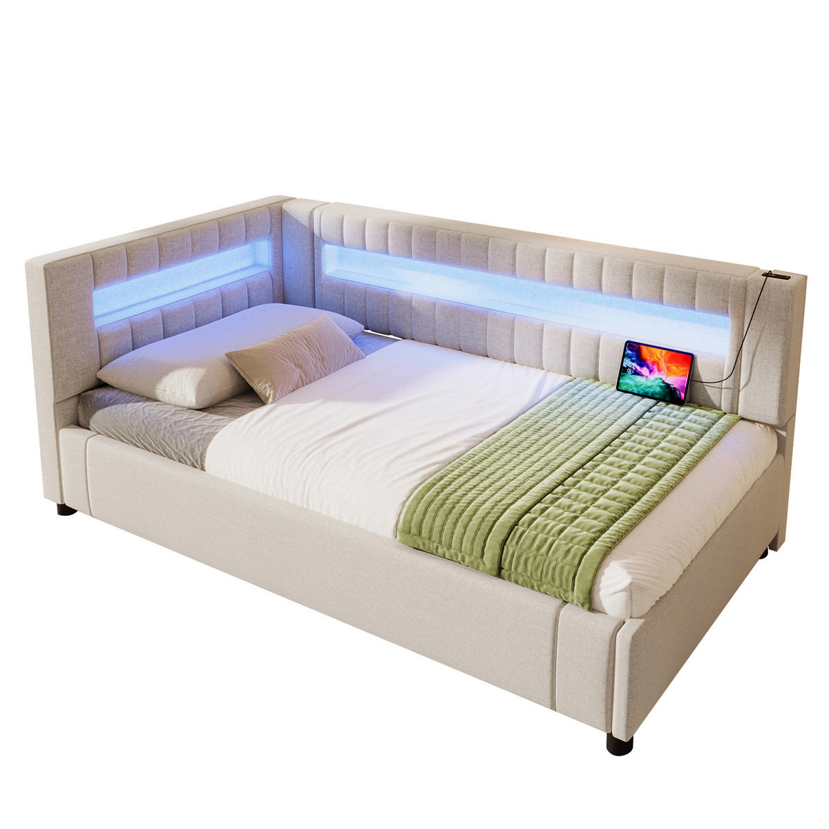 POLSTERBETT 90/200 cm Beige mit Stauraum mit LED-Beleuchtung aus Leinen - Beige, Textil (90/200cm) - OKWISH