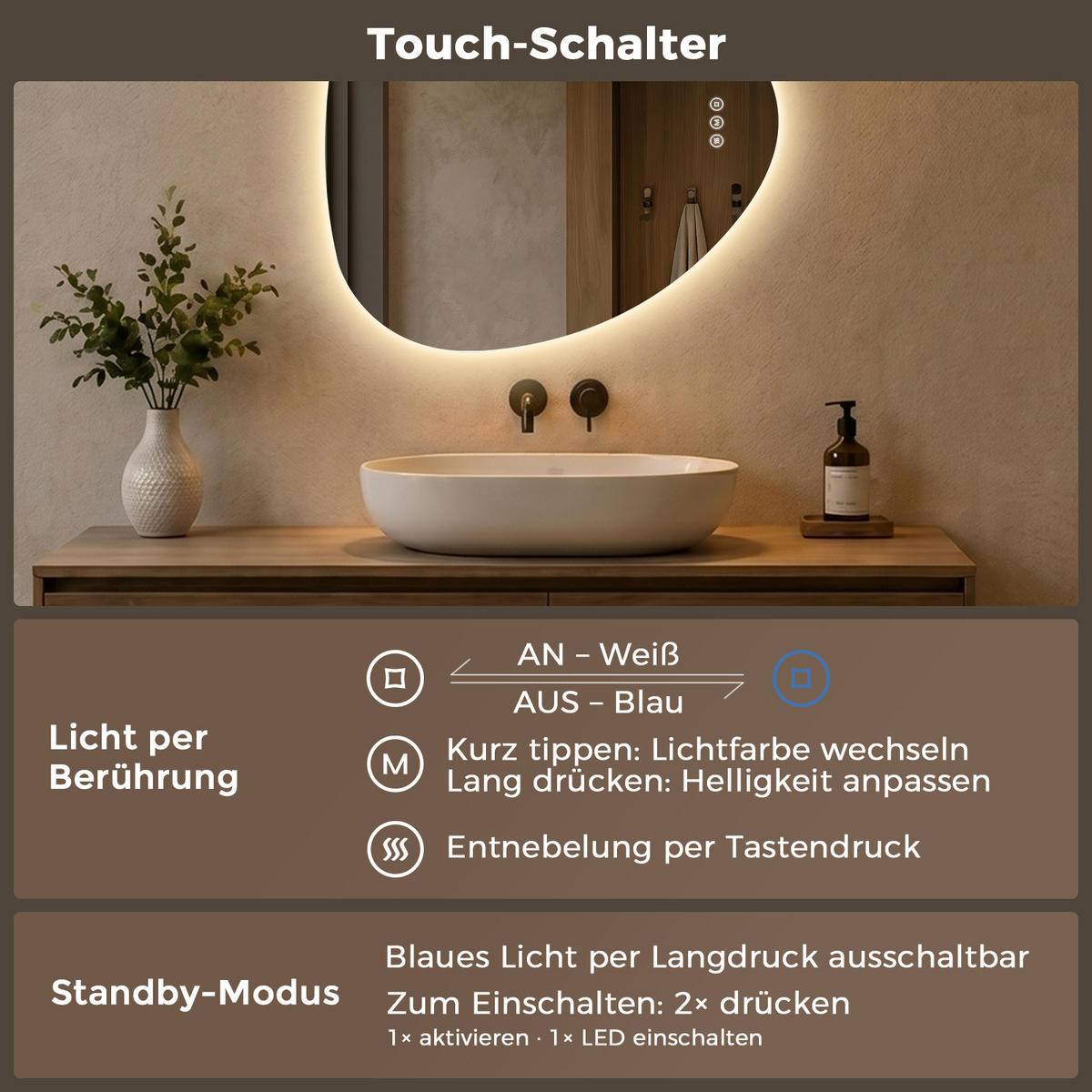 BADEZIMMERSPIEGEL mit Beleuchtung 80/70 cm asymmetrisch rahmenlos LED dimmbar mit Antibeschlag - Transparent, Glas (80/70/2.5cm) - S'AFIELINA