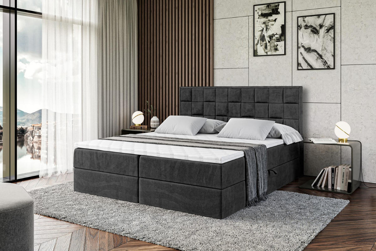 BOXBETT mit H4-Matratze und Lattenrost- ZAFIRA-BZ - 180x200 - Schwarz Samt - Schwarz, Holzwerkstoff (180/200cm) - ALTDECOR
