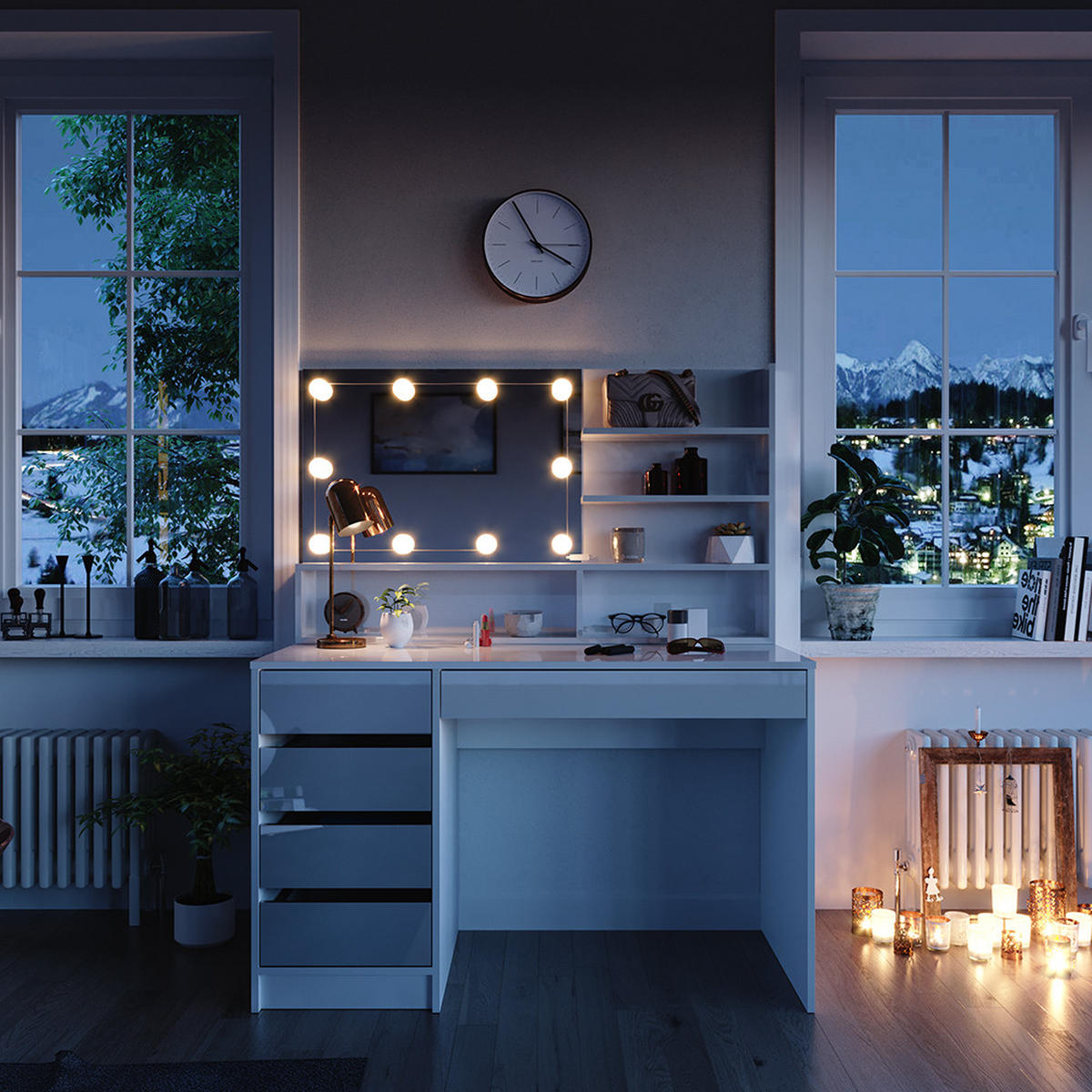 SCHMINKTISCH Sherry Weiß 145 cm mit LED Beleuchtung, und Spiegelregal - Weiß, Holzwerkstoff (55/75/145cm) - Vicco