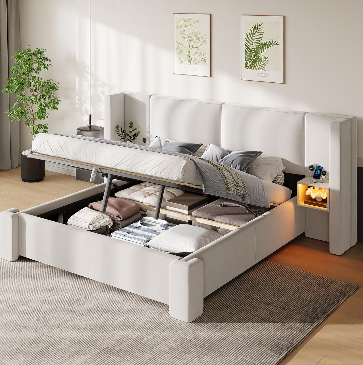 POLSTERBETT aus Leinen und MDF 140x200 cm Beige mit LED-Beleuchtung und hydraulischem Stauraum - Beige, Textil (140/200cm) - Modfu