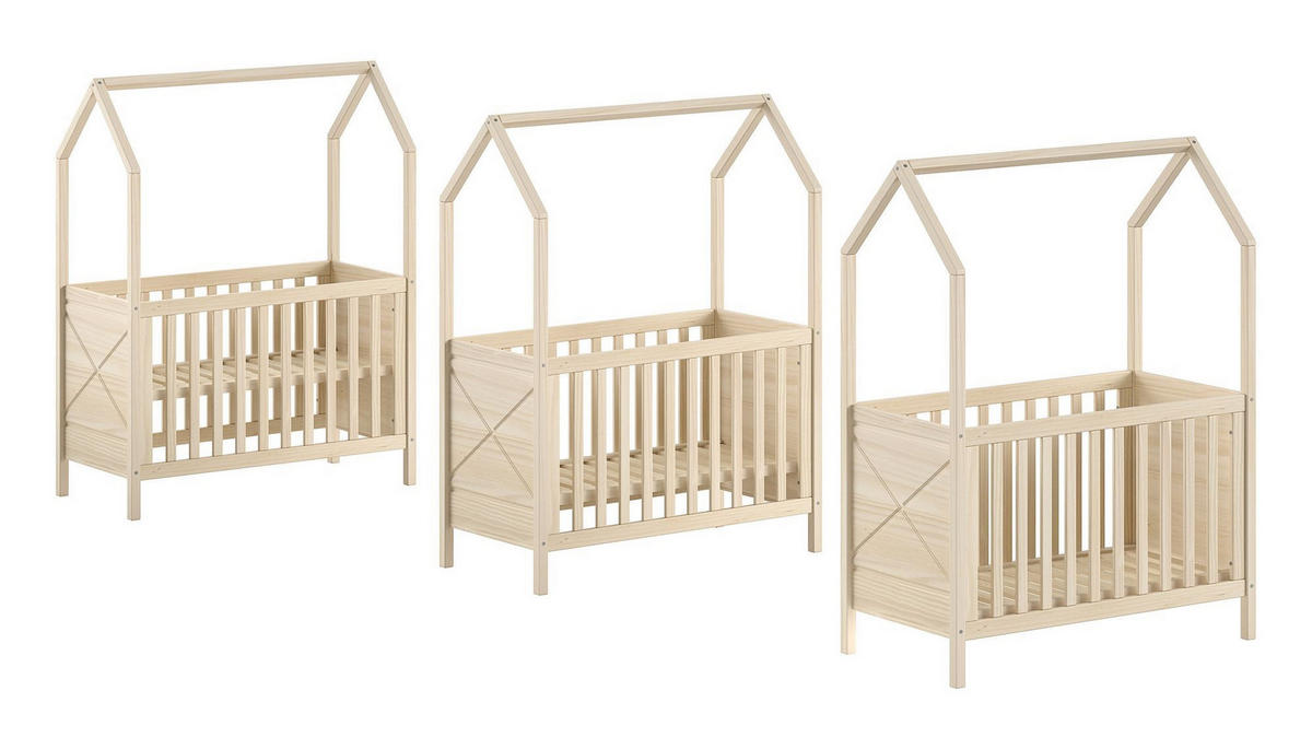 BABYBETT mit Dach Karyl 3-fach höhenverstellbar Kiefer massiv milky - Weiß, Holz (60/120cm) - 58aufmkessel