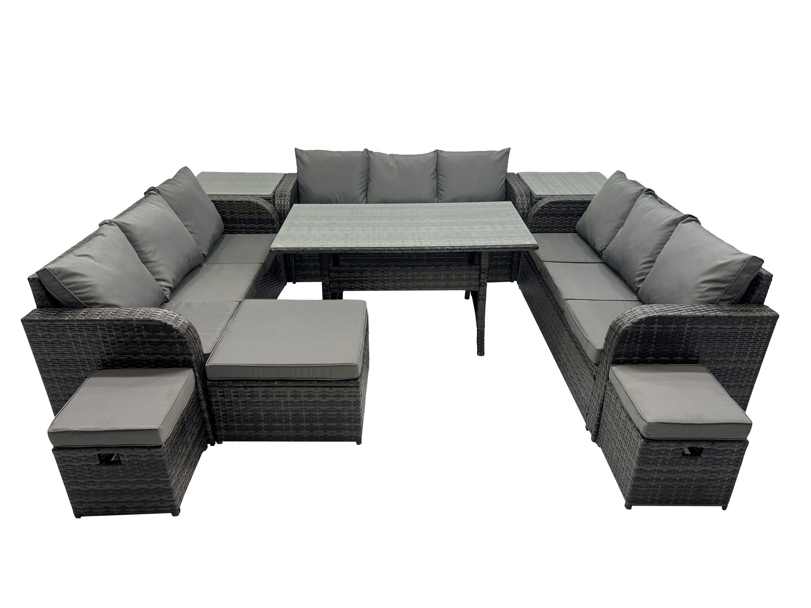 GARTENTISCHGRUPPE mit 3 Hocker Polyrattan Dunkelgrau 12-Sitzer - Dunkelgrau/Grau, Glas/Kunststoff - Fimous