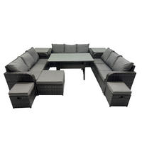 GARTENTISCHGRUPPE mit 3 Hocker Polyrattan Dunkelgrau 12-Sitzer - Dunkelgrau/Grau, Glas/Kunststoff - Fimous