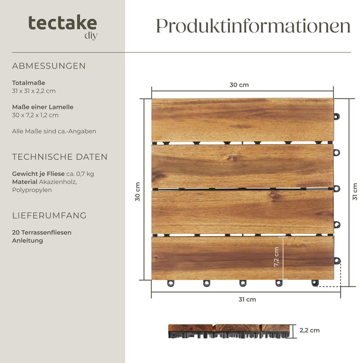 TERRASSENFLIESEN Tabula, 20er Set, 31 x 31 x 2,2 cm, braun - Braun, Holz (31/31/2.2cm) - tectake