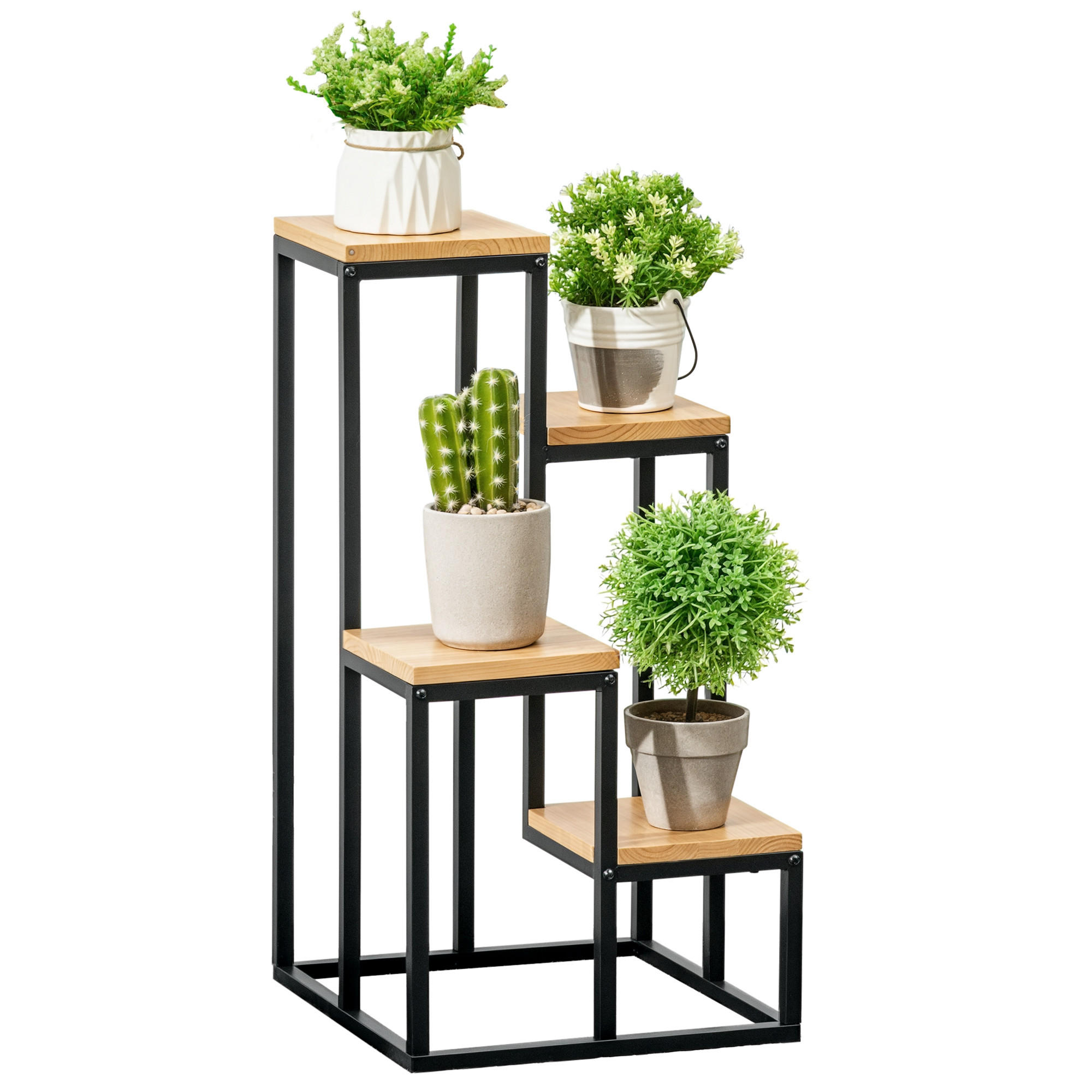BLUMENTREPPE DE-12125 4-stufig, industriell, verschiedene Höhen Schwarz - Naturfarben, Metall (34/66/34cm) - ComfortXL