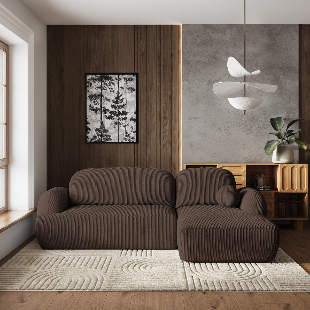 ECKSOFA MODENZA P R-S Braun Kordstoff mit Schlaffunktion - Schwarz/Braun, Holz/Kunststoff (266/148cm) - MASSENO