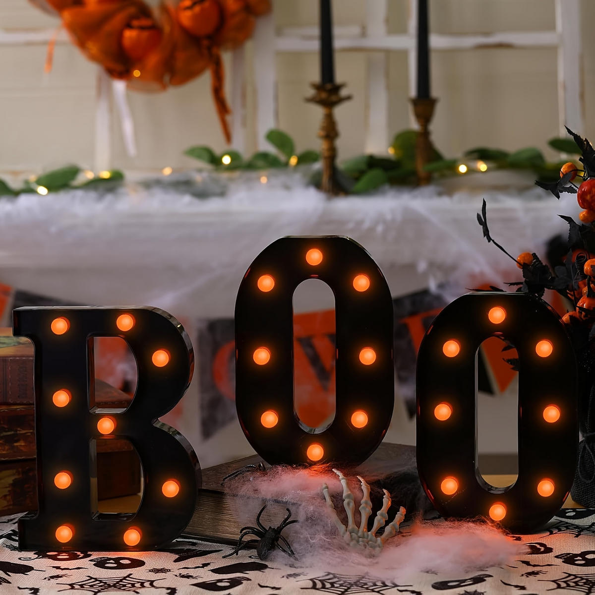 LED LETTERS BOO Halloween orange Deko für Kamin Party Innenbereich - Schwarz, Kunststoff (21.59/16/3.8cm)