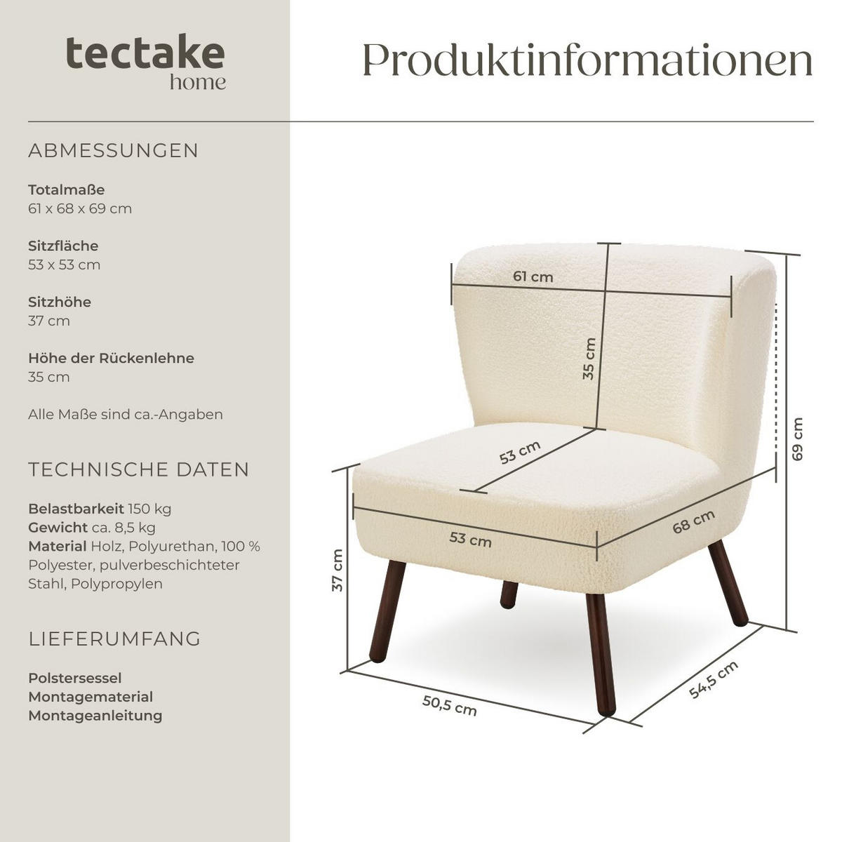 COCKTAILSESSEL Teddy Robina, 61 x 68 x 69 cm,Bouclé off-white - Weiß, Kunststoff (61/69/68cm) - tectake