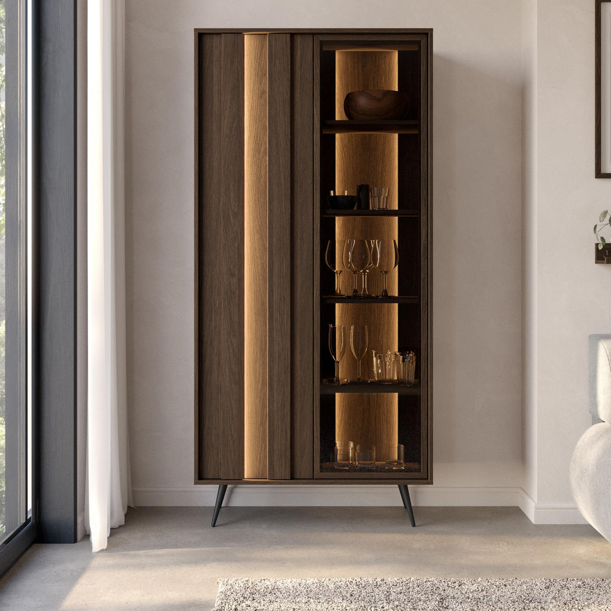 STANDVITRINE LUPO 93 cm Eiche Dunin - mit Doppel-LED, Soft-Close und Metallfüßen - Eichefarben/Schwarz, Holz/Holzwerkstoff (93/196/40cm) - Ravio
