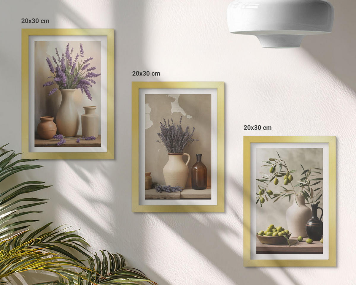 WANDBILDER 3er Set - 20x30 cm Goldrahmen - Blumen in Vasen, Oliven, Dekorationen - Goldfarben, Kunststoff (20/30cm) - ArtPrintCave