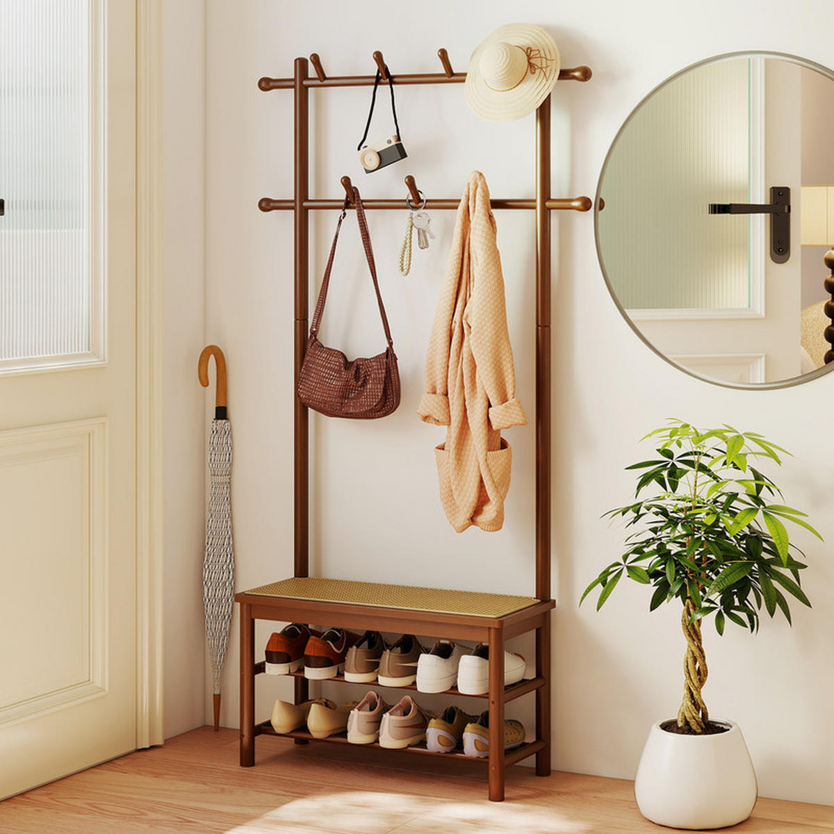 GARDEROBENSTÄNDER mit Schuhbank braun - Braun, Naturmaterialien (71/169.5/30cm) - COSTWAY