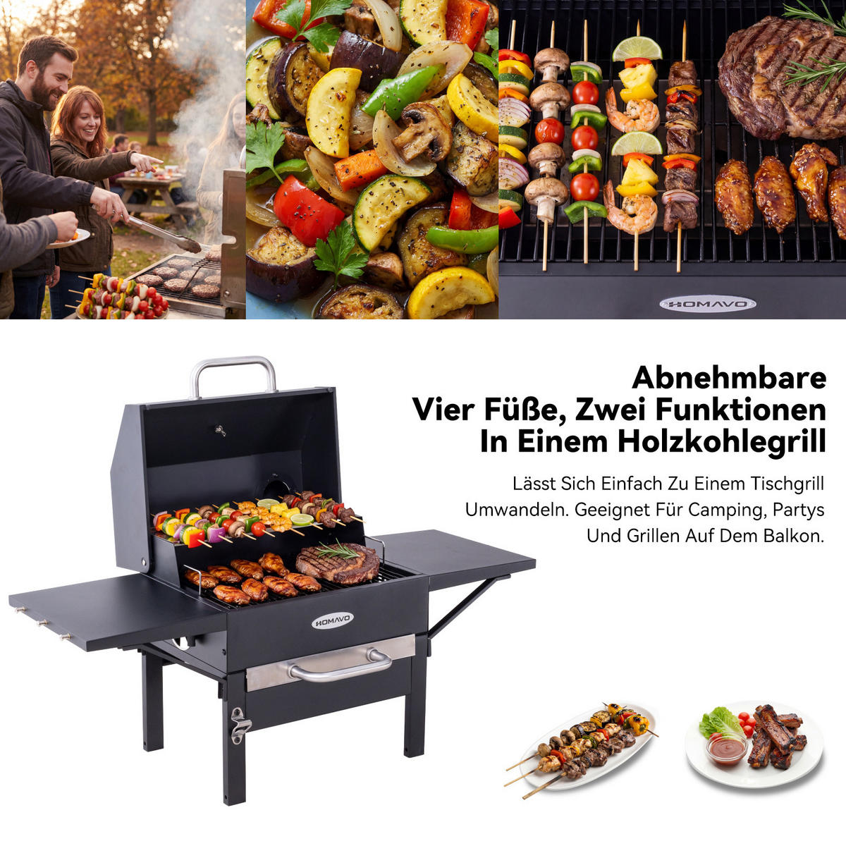 HOLZKOHLEGRILL - Schwarz, Metall (44/106/107cm) - HOMAVO